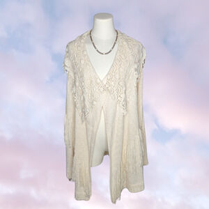 Double Zero Cream Frill Lace Asymmetrical Tier Boho Chic Knit Fringe Cardigan L